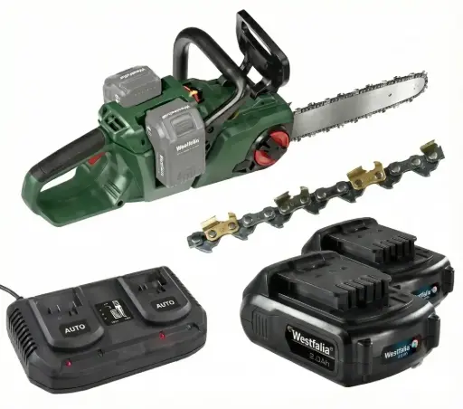 "Set accukettingzaag "GMAK 36/40" + 2 Li-Ion-accu's 18 V 2,0 Ah + dubbele snellader + zaagketting 40 cm met titaniumcoating image"