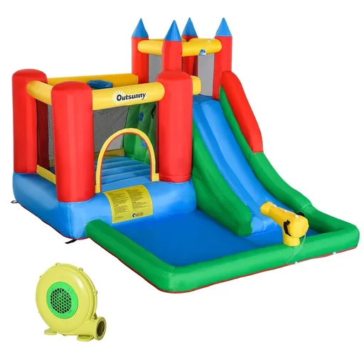 "Inflatable bouncy castle with slide and water cannon for 4 children. Spring castle with blower for 3-10 years kindergarten Oxford-, P image"