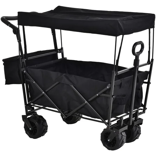 "Handcart Garden Cart with Roof Foldable Additional Storage Box Oxford Black image"