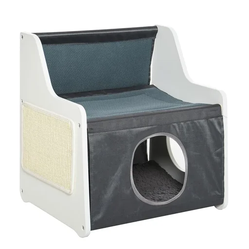 "Cat house with terrace, 2-layer warm cat bed, cozy cave for sleeping for cats, Oxford fabric, white+grey, 48x37 image"