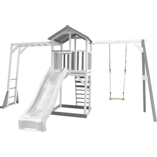 "Beach Tower play tower with climbing frame and single swing - white slide image"