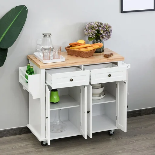 "Kitchen cabinet kitchen shelf with wheels drawer and adjustable shelf rubber wood MDF chipboard white 111 x 44.5 x 82.5 cm image"