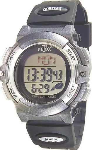 ""RETOX" radio-controlled LCD wristwatch with alarm, stopwatch + date display, 3ATM image"