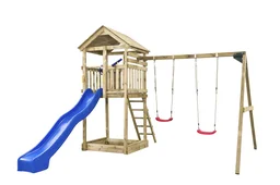 Dubbele schommel Dean hout met zandbak en glijbaan in blauw