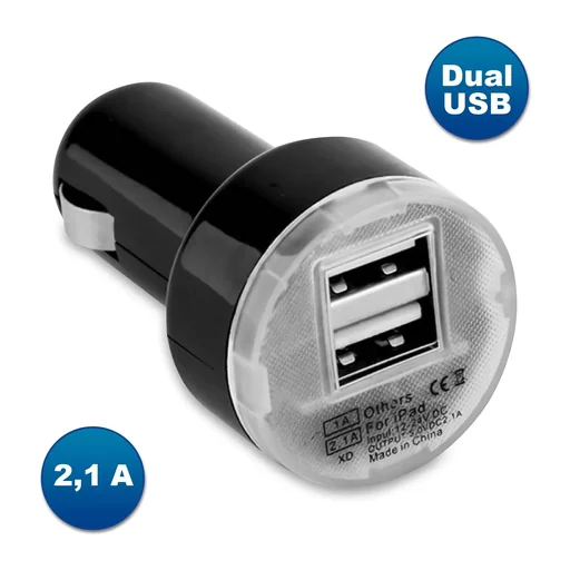 "Dual USB car charger adapter, for 12 Volt cigarette lighter, black image"