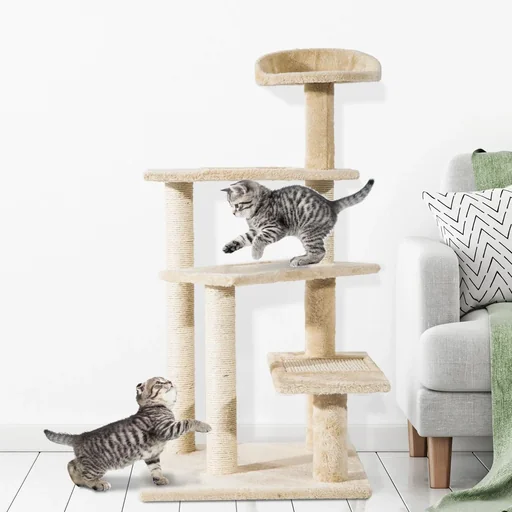 "Cats playing tree with pillars, beige image"