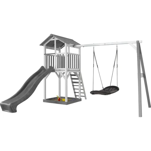 "Beach Tower play tower with Roxy nest swing - grey slide image"
