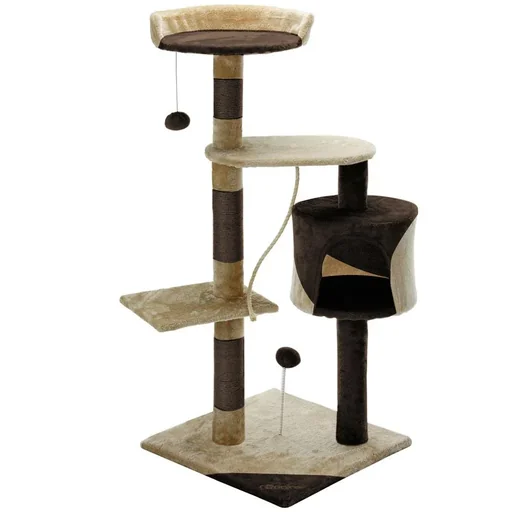 "Codoca cat tree beige-brown with 3 viewing spots, 1 cave, 2 play balls and 1 rope image"