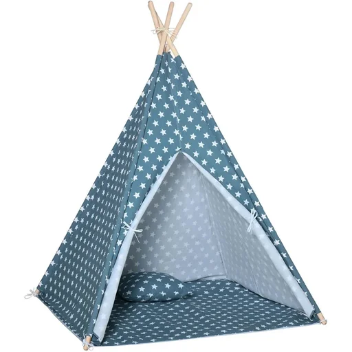 "Tipi tent for children with floor mat and pillow, blue and white, 120 x 120 x 155 cm image"