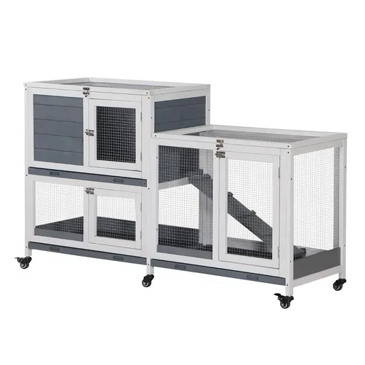 "Dwarf rabbit hutch with 6 wheels, openable roof, lockable door, fir wood, grey and white, 147 x 45.5 x 88.5 cm image"
