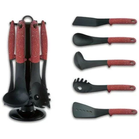 "7-piece kitchen utensil set - red - serving spoon, spatula, spatula spoon, ladle, spatula, slotted spoon image"