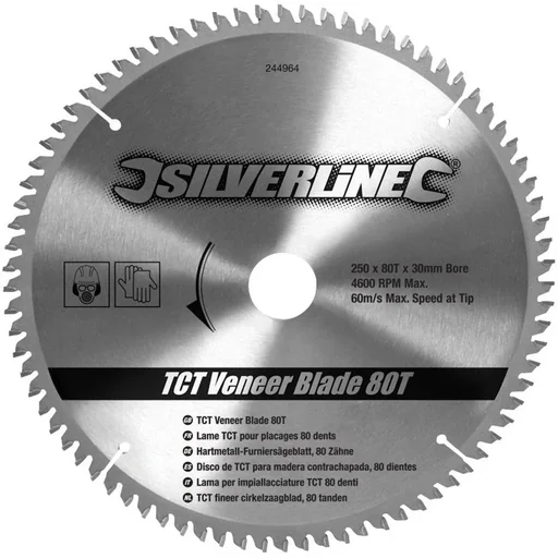 "TCT veneer circular saw blade, 80 teeth 250 x 30 - 25, 20 and 16 mm rings image"