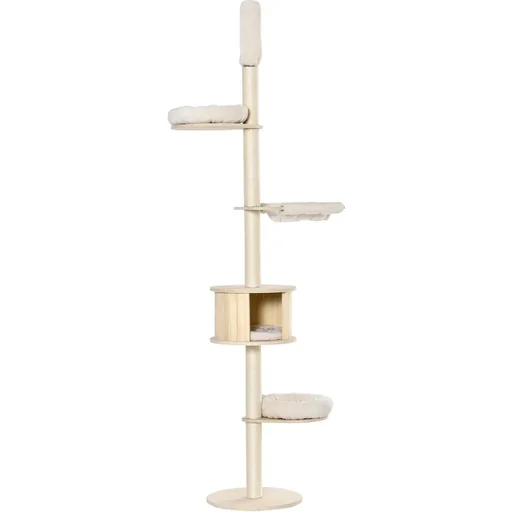 "Scratching post cat tree ceiling-high climbing tree with wooden cat cave sisal plush height adjustable cream 50 x 50 x 232-252 c image"