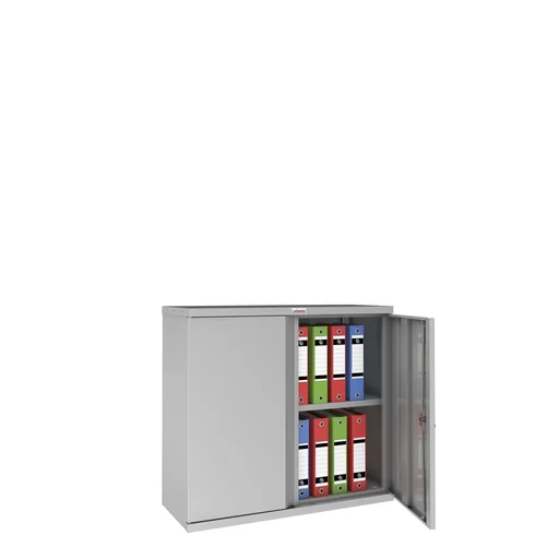"SCL series steel storage cabinet with 2 doors and 1 shelf with key lock, grey image"