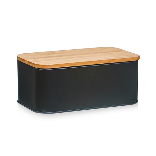 "Bread bin with bamboo lid, metal, matt black image"
