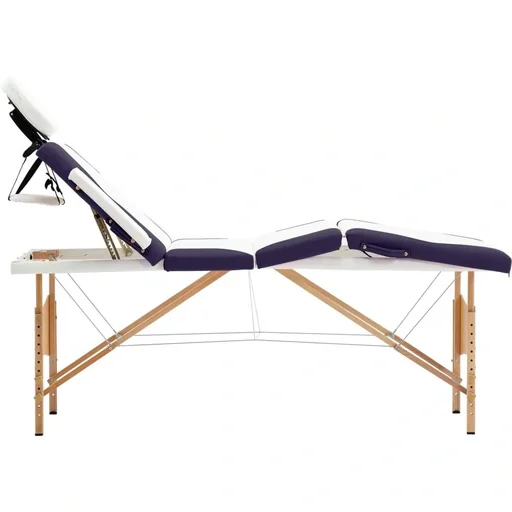 "Folding massage table 4 zones wood white and purple image"