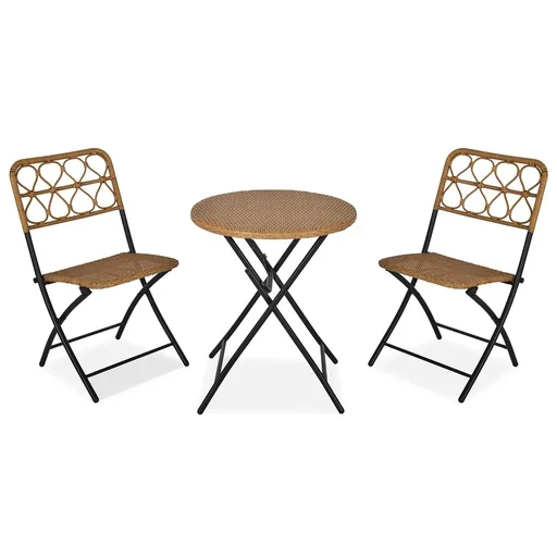 "3-piece polyrattan seating group, bistro set, balcony set, 2 chairs + folding table, garden, natural image"