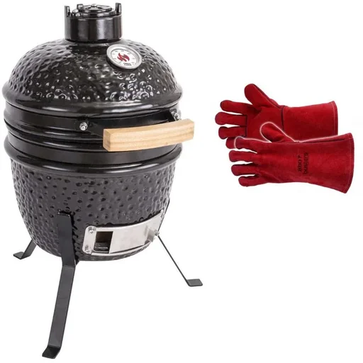"Kamado Mini Grill - black + Busters Leather BBQ Gloves - Heat-resistant - Size 10 - up to 100 degrees - 35 cm - Red image"