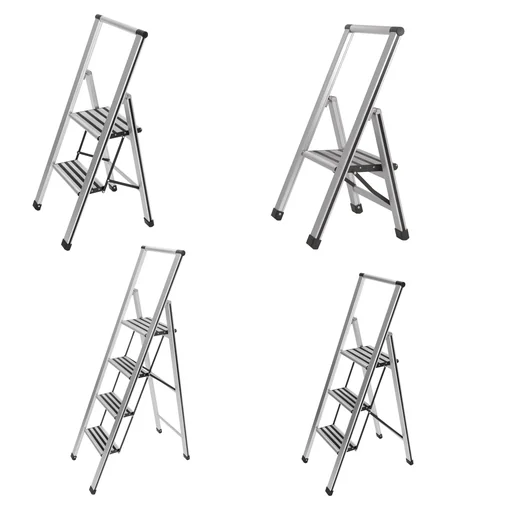 "Aluminium design folding stepladder 3-step silver, non-slip household ladder, safety stepladder image"