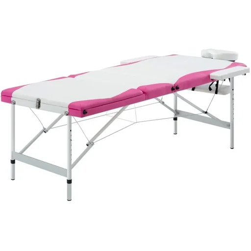 "Folding massage table with 3 zones aluminum white and pink image"