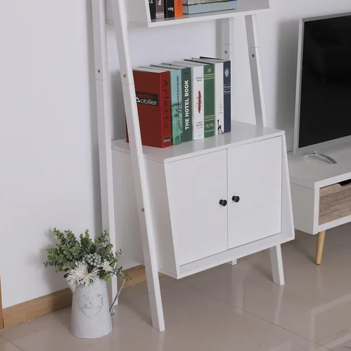 "Freestanding shelf, step shelf, bookcase, ladder shelf with cupboard, 3 x compartments, 1 x cupboard, wood, white, 65 x 40 x 180 cm image"