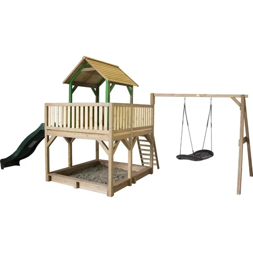 "Atka play tower with Roxy nest swing brown/green - green slide image"