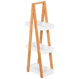 Badregal, 3 Ebenen Treppenregal, Leiterregal, Badezimmer, Bambus, Weiß, 30 x 18 