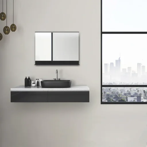 "Bathroom mirror with lighting, "Black Home" - 80 x 60 cm - light color neutral white - with practical shelf image"