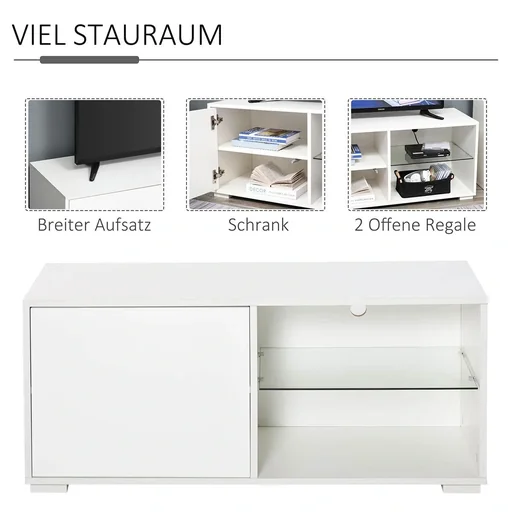 "TV cabinet TV chest with drawers and open shelves chipboard glass white 100 x 40 x 45 cm image"