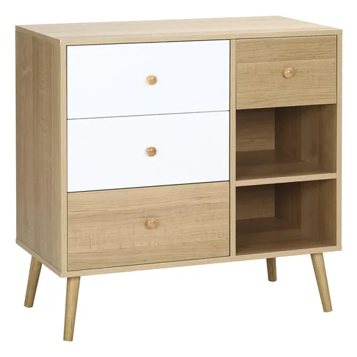 "Sideboard kitchen cabinet chest of drawers with 2 open compartments 4 drawers Scandi design natural+white 80 x 39 x 80 cm image"