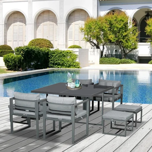 "Seating group garden table set garden furniture metal 9 pieces 4 chairs 4 stools table dining table polyester glass gray image"
