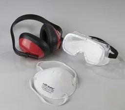 Grofstofmasker inclusief veiligheidsbril en gehoorbescherming