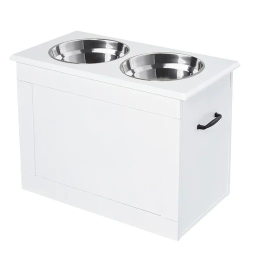 "Dog bowl with storage space 2 bowls feeding station stainless steel bowl cat bowl MDF stainless steel white 60 x 30 x 41 cm image"
