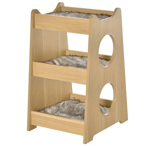 "Cat bed three-story cat house with holes soft cushion polyester MDF natural+white+grey 50 x 43 x 74 cm image"