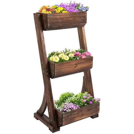 "Flower ladder wooden flower ladder with 3 shelves plant ladder plant shelf plant stand flower shelf flower stand brown image"