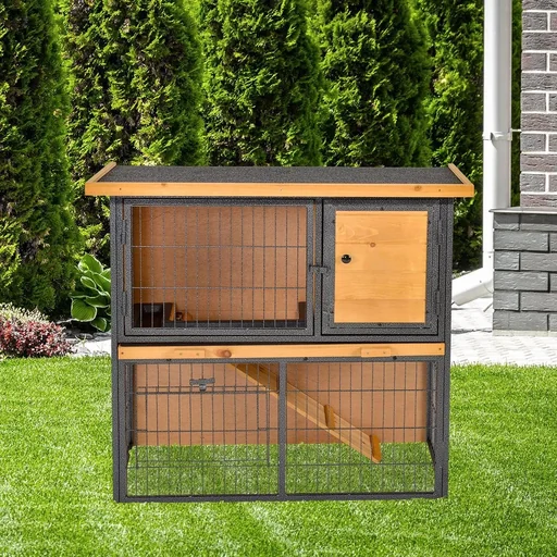 "Rabbit hutch raised pet house rabbit cage with lockable door wood-metal light yellow 89.5 x 45 x 81 cm image"