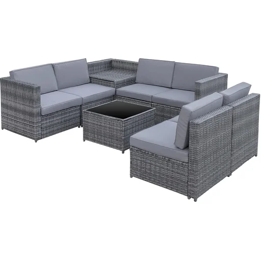 "8-piece polyrattan garden set, garden furniture, garden set, seating group, lounge furniture, side table as storage basket, grey image"