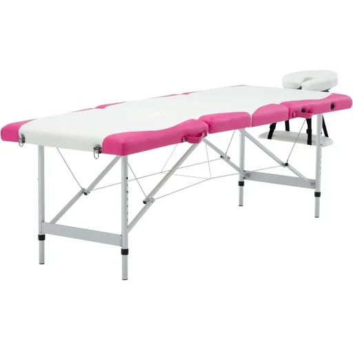 "Folding massage table with 4 zones, aluminum white and pink image"