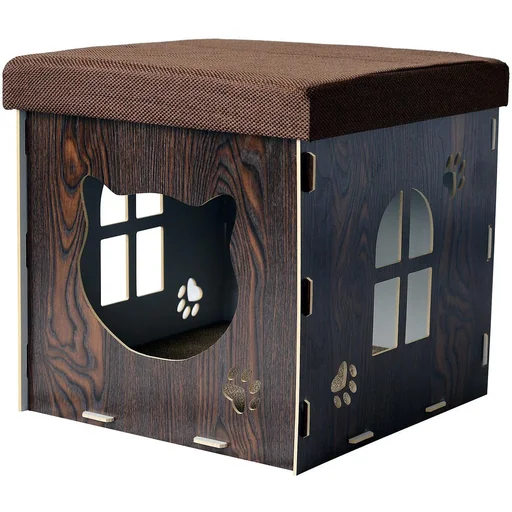 "Cat cave, cat cabinet, cat house, hiding place, stool, cube, brown image"