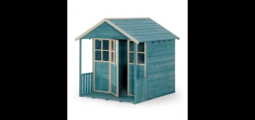 "Wooden playhouse Deckhouse, outdoor playhouse for children made of wood, veranda, pitched roof, turquoise image"