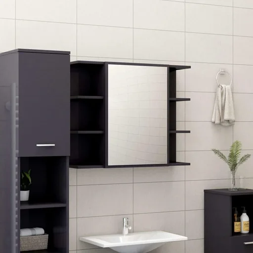 "Bathroom mirror cabinet 80x20.5x64 cm chipboard high gloss grey image"