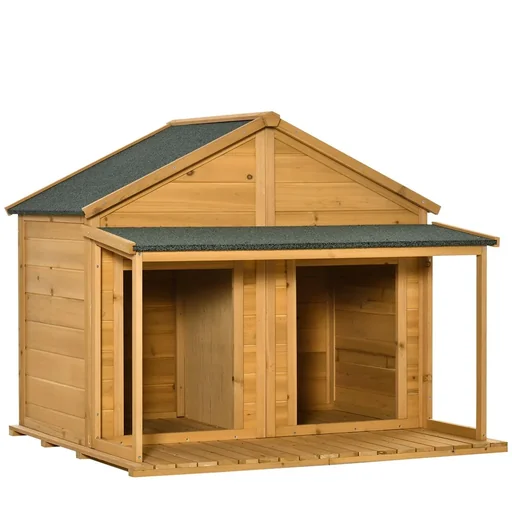 "Dog house made of solid wood insulated dog house with 2 rooms asphalt roof outdoor hut with terrace yellow+green 127 x 110 x image"