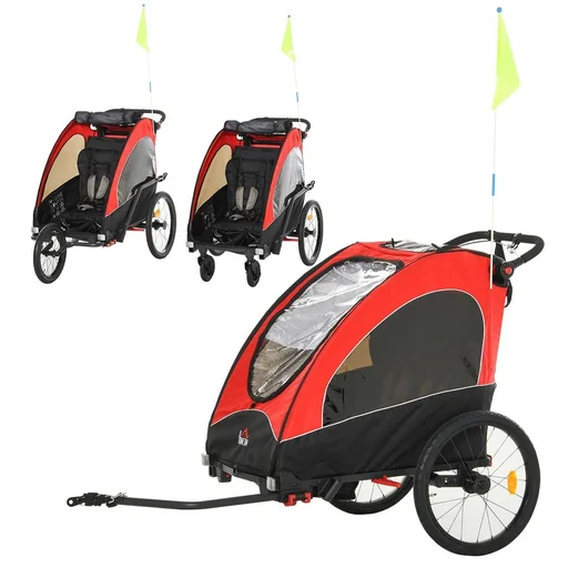 "3 in 1 child trailer aluminum children jogger bike trailer bike trailer for 2 children with flag red + black image"