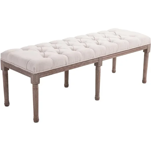 "Upholstered bench, chest bench, lounge stool, retro with buttons, linen + wood, beige, 142 x 47 x 51 cm image"