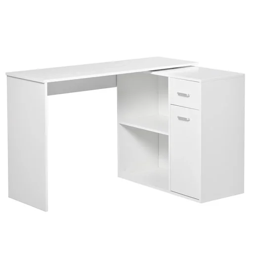 "Corner desk, work table, angle desk, PC table, computer table, office table, 180-degree design with shelf and drawer image"