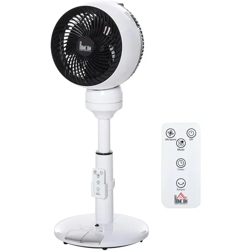 "Pedestal fan with remote control, adjustable black/white image"