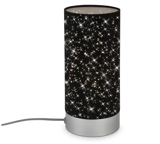 "STEA table lamp, matt chrome, black fabric with star decor, cable switch, E14 socket image"