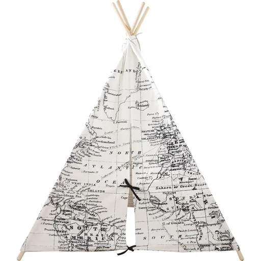 "World Map Teepee Tent | Black and White | Wigwam Play Tent | 100% Cotton | 120x120x160cm image"