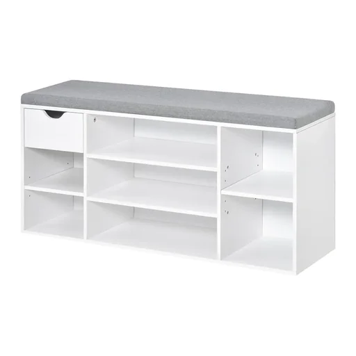 "Shoe bench seat chest with shelves cushion drawer entrance area large storage space adjustable chipboard foam image"