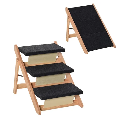 "Pet stairs 2-in-1 dog ramp cat stairs dog stairs foldable animal stairs pinewood natural + black 60 x 47 x 50 cm image"